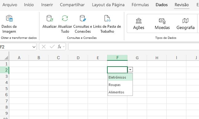 imagem exibindo a lista suspensa no excel